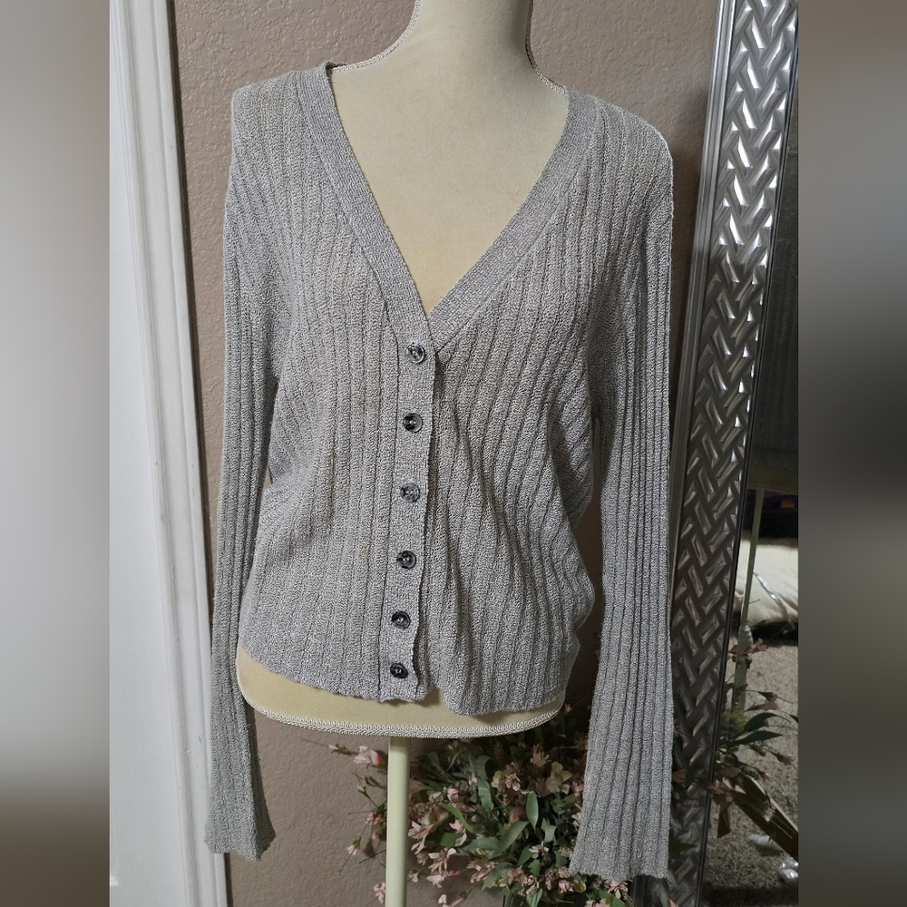 Gray Ribbed Women's Cardigan Sweater